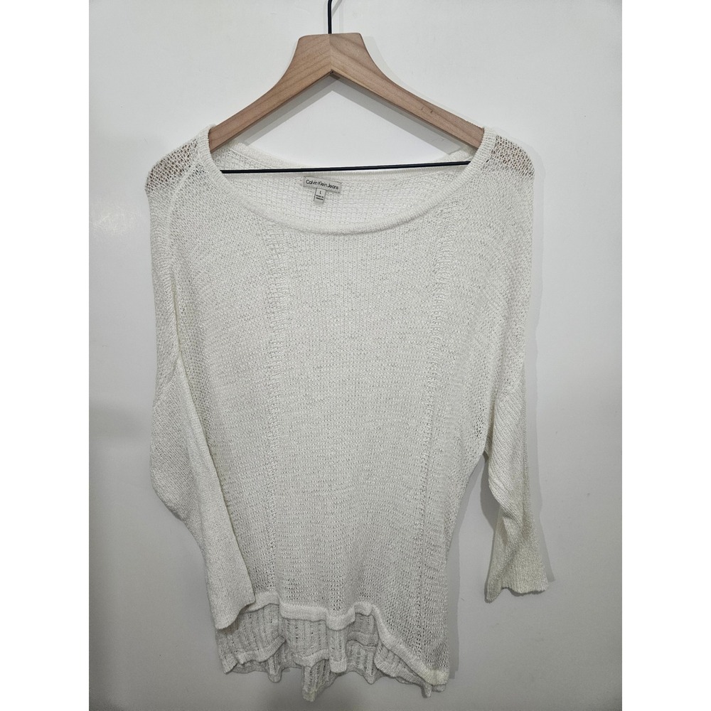 Calvin Klein Jeans Womens White Open Knit Boat Neck Sweater 3/4 Sleeve Large